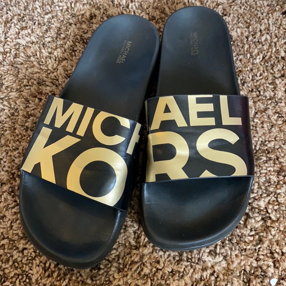 Michael Kors Black & Gold Logo Slide Sandals